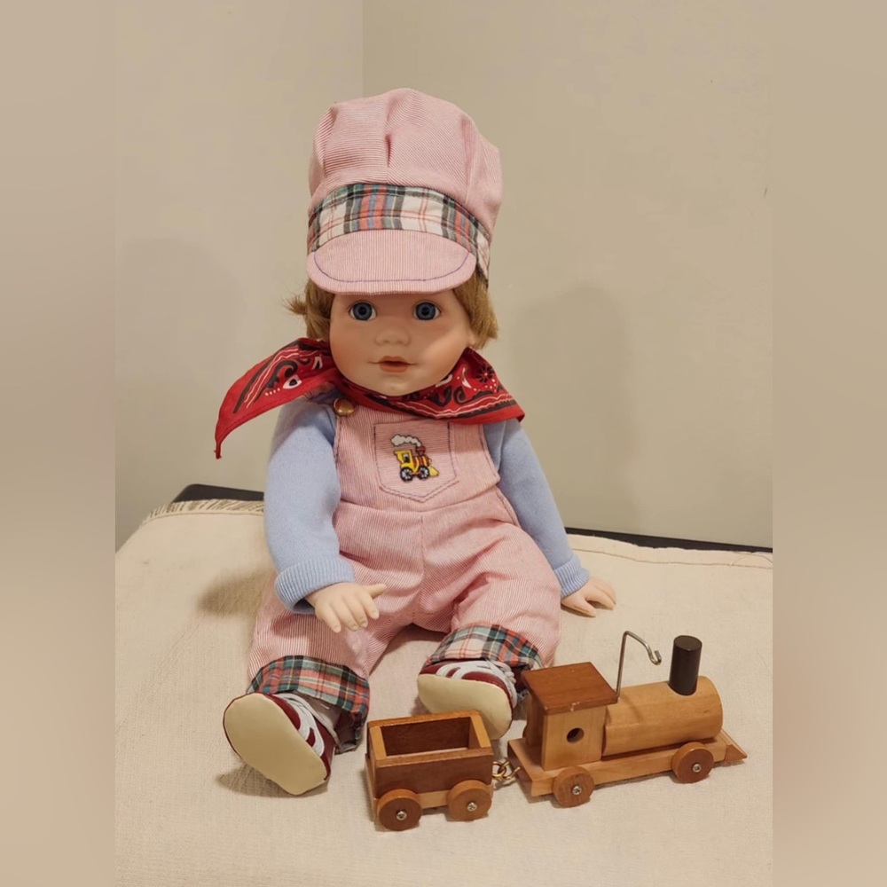Charming Pink and Blue Doll with Wooden Train Set